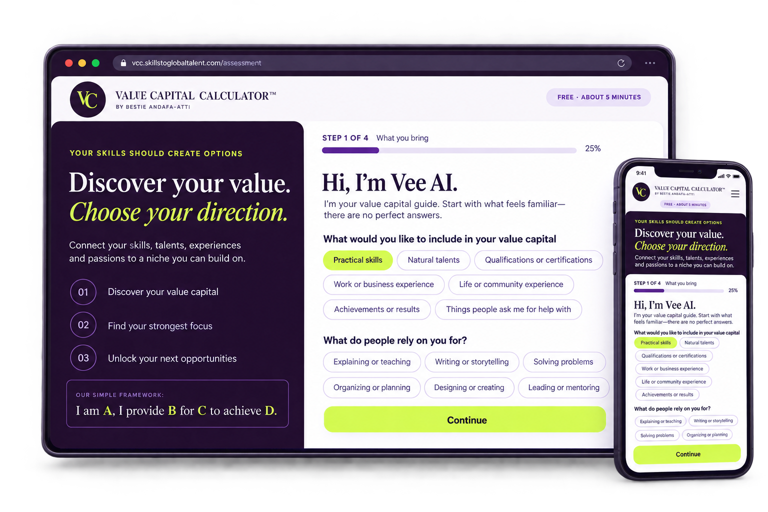 Value Capital Calculator displayed on desktop and mobile, showing step one of the guided assessment with Vee AI